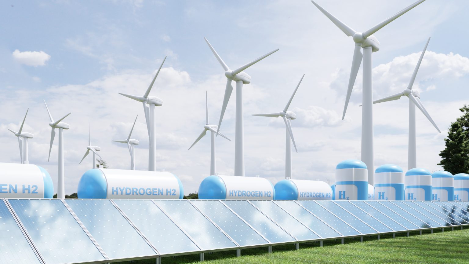 Hydrogen energy storage gas tank for clean electricity solar and wind turbine facility/vanitjan/Envato