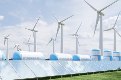 Hydrogen energy storage gas tank for clean electricity solar and wind turbine facility/vanitjan/Envato