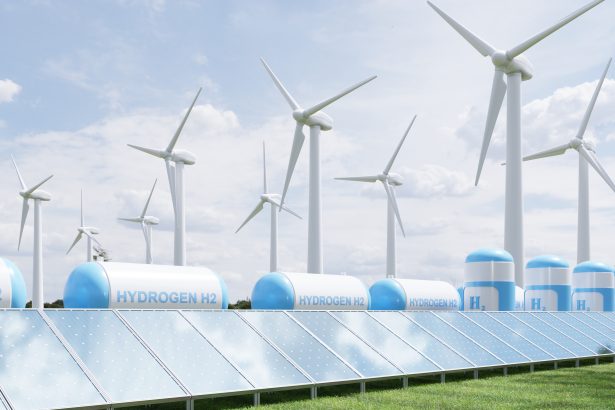 Hydrogen energy storage gas tank for clean electricity solar and wind turbine facility/vanitjan/Envato