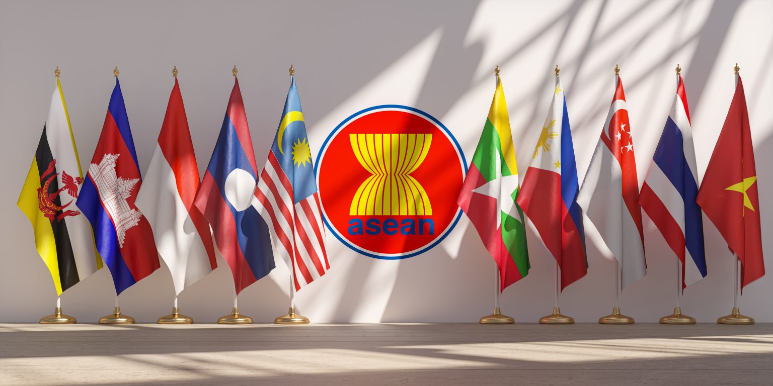 ASEAN meeting concept. ASEAN Association of Southeast Asian Nations member countries flags in a row. 3d illustration / Shutterstock