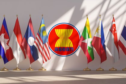 ASEAN meeting concept. ASEAN Association of Southeast Asian Nations member countries flags in a row. 3d illustration / Shutterstock