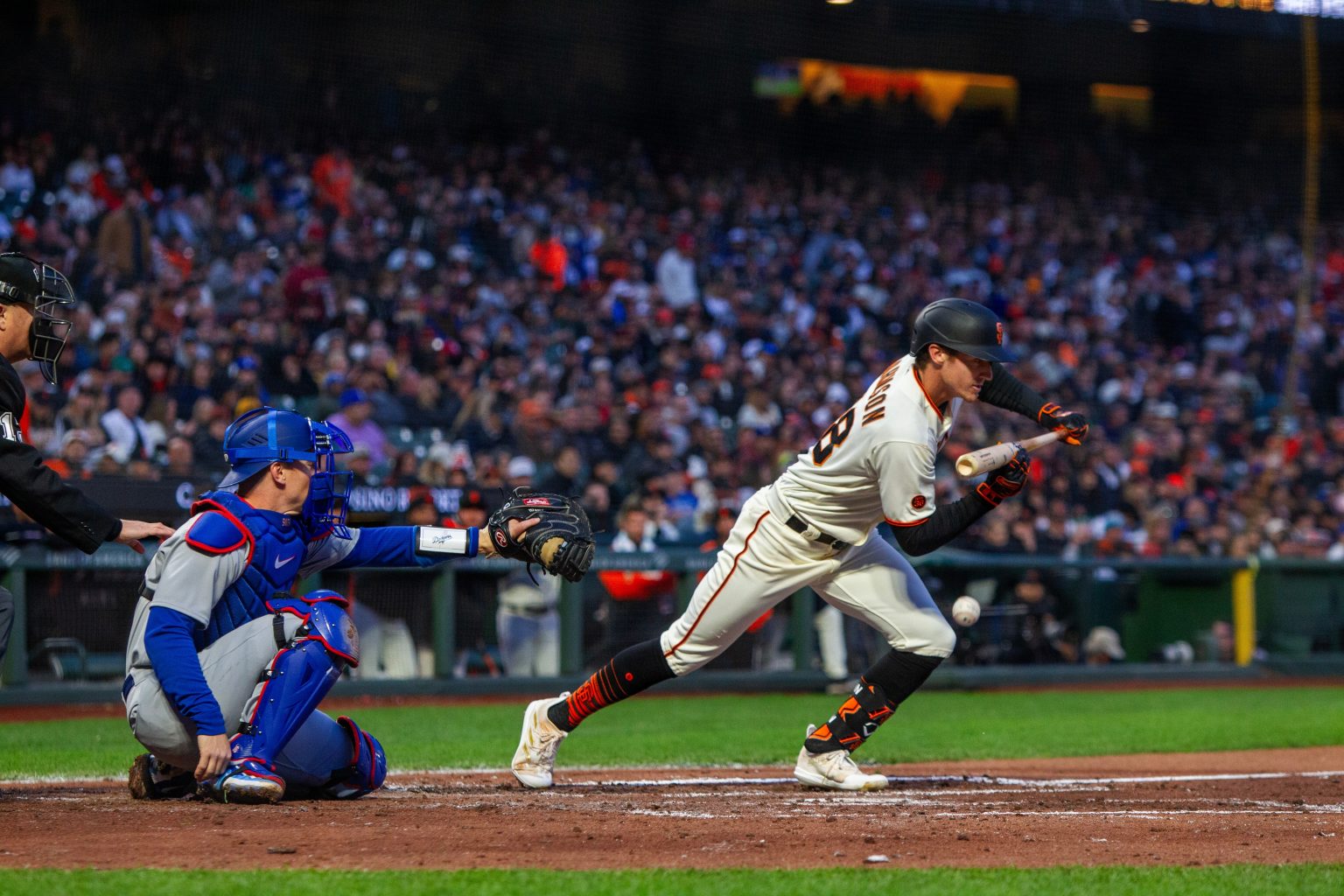 April 10, 2023 - San Francisco: San Francisco Giants outfielder Bryce Johnson bunts against the Los Angeles Dodgers at Oracle Park / Conor P. Fitzgerald / Shutterstock