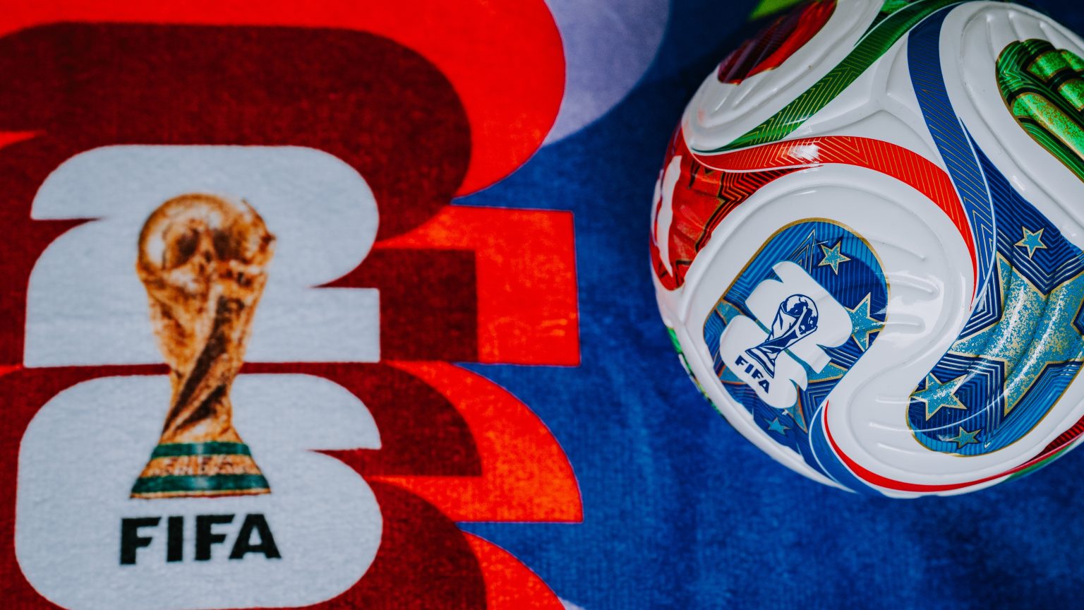 LOS ANGELES USA NOVEMBER 11 2025 FIFA themed background showing the Adidas Trionda ball and World Cup 2026 branding for the USA Mexico and Canada. Panorama Format scaled