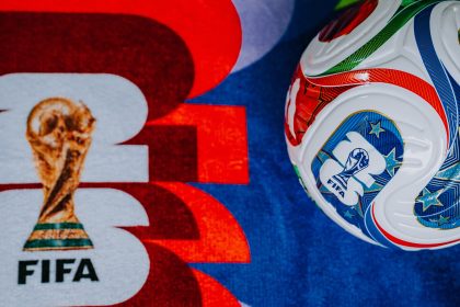 LOS ANGELES USA NOVEMBER 11 2025 FIFA themed background showing the Adidas Trionda ball and World Cup 2026 branding for the USA Mexico and Canada. Panorama Format scaled