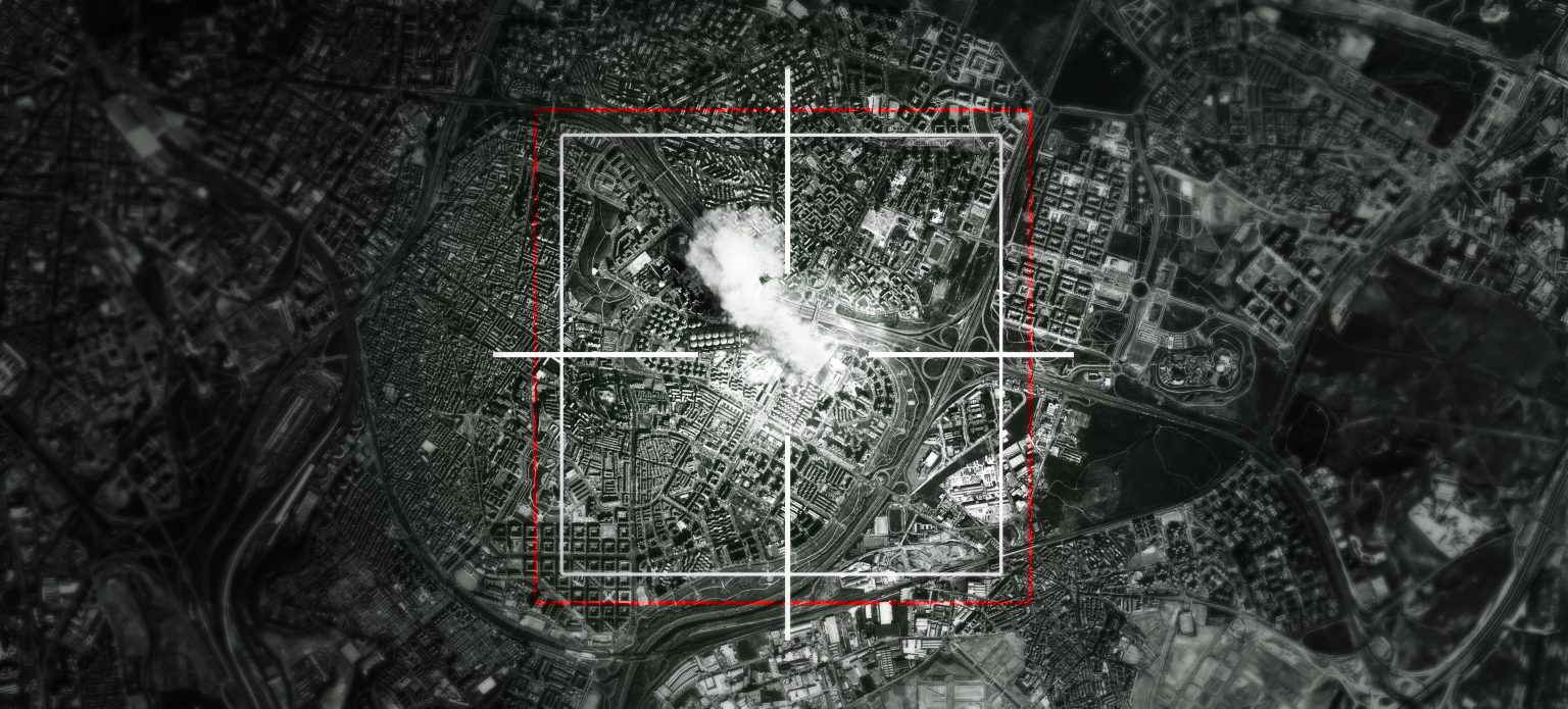 Satellite, launch and target of missile in city for war, international conflict and military. Army, warzone and bullseye of atomic, nuclear bomb and rocket in country for warfare, explosion or strike