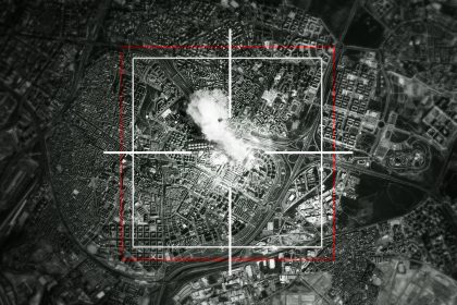 Satellite, launch and target of missile in city for war, international conflict and military. Army, warzone and bullseye of atomic, nuclear bomb and rocket in country for warfare, explosion or strike