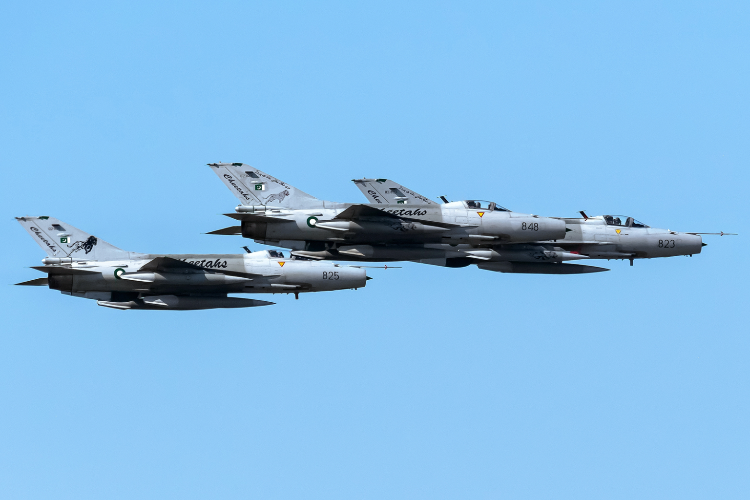 23-March-2024. 3 Ship Formation of Chengdu F-7PG of Pakistan Air Force Flying over Islamabad-Pakistan/Falcons Spotters/Shutterstock