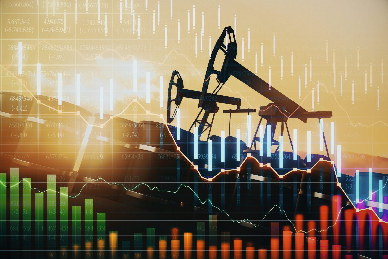 Downward Forex Chart On Oil Mining Background. Crisis And Market Concept. Double Exposure/GoldenDayz/Envato