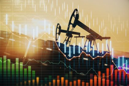 Downward Forex Chart On Oil Mining Background. Crisis And Market Concept. Double Exposure/GoldenDayz/Envato
