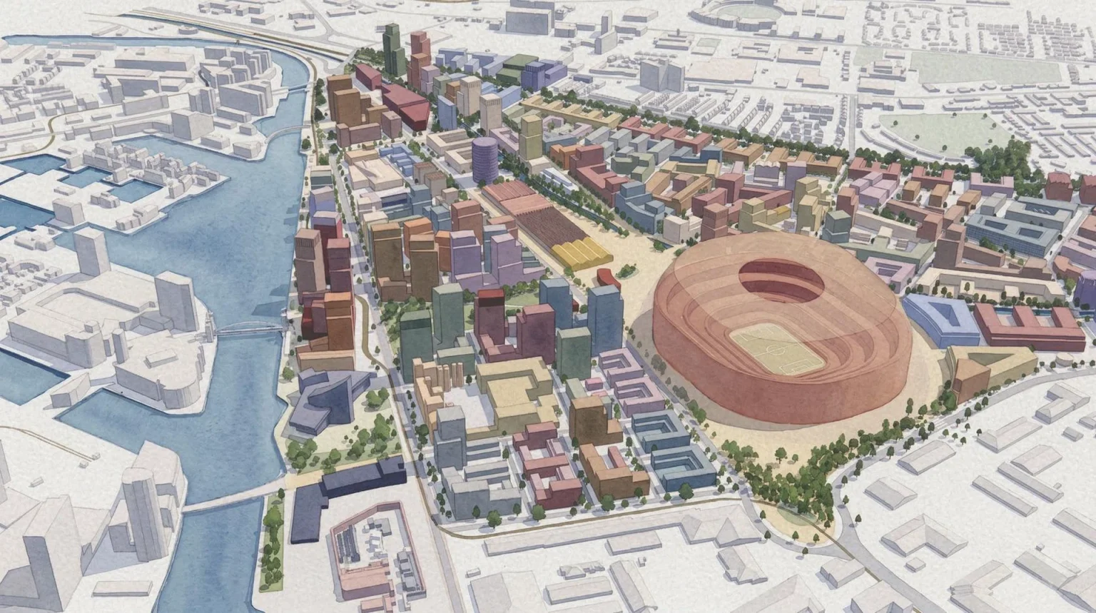 Illustrative masterplan for Trafford Wharfside - with Manchester United’s new state-of-the-art stadium at its heart / Trafford Council