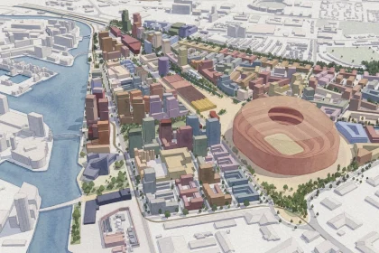 Illustrative masterplan for Trafford Wharfside - with Manchester United’s new state-of-the-art stadium at its heart / Trafford Council