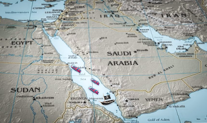The Red Sea Region with cargo and pirate ships. Suitable for concepts as red sea conflict, rise of tension between the USA and Iran,Houthi Attacks and Military Escalation