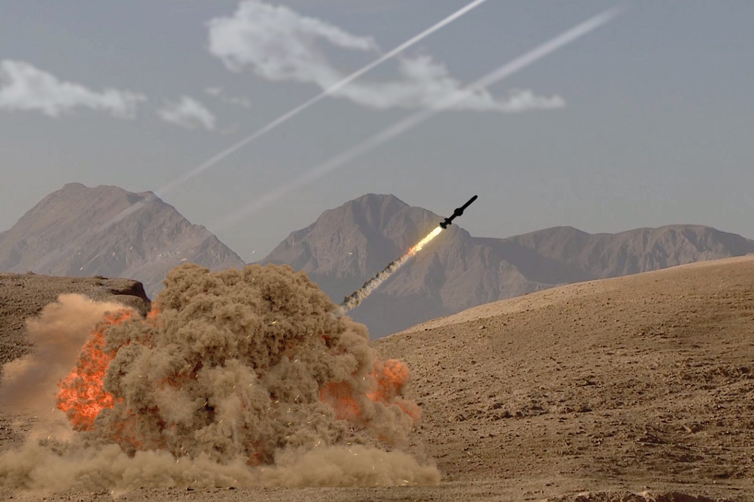 The rocket soars into the sky, leaving behind a trail of smoke in the desert in the middle of the mountains/Anelo/Shutterstock