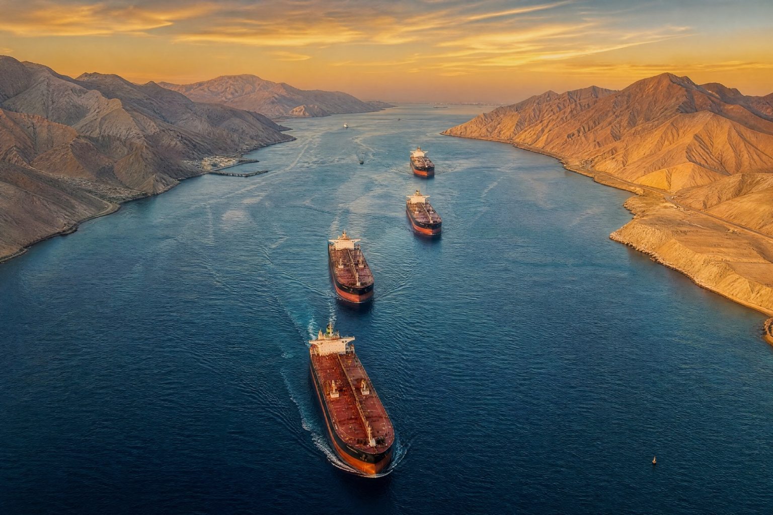 Aerial View of Oil Tankers Navigating a Strategically Blocked Strait of Hormuz at Sunset, Global Maritime Shipping Disruption and Energy Supply Crisis