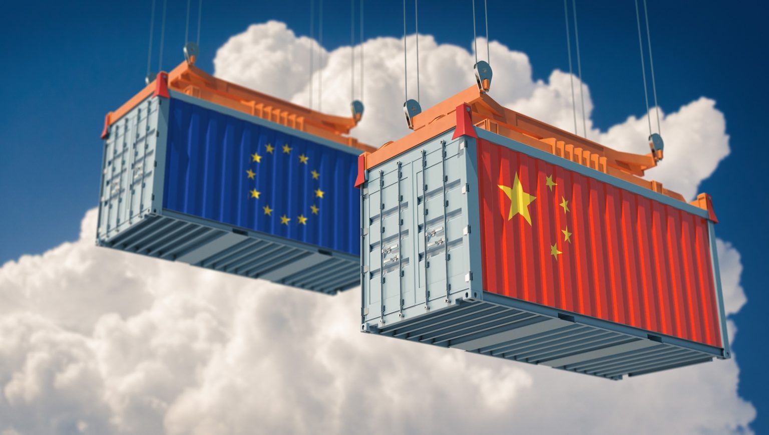 Trade Containers with China and European Flags