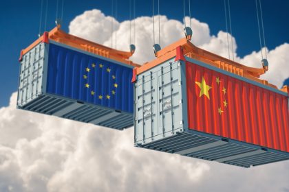 Trade Containers with China and European Flags
